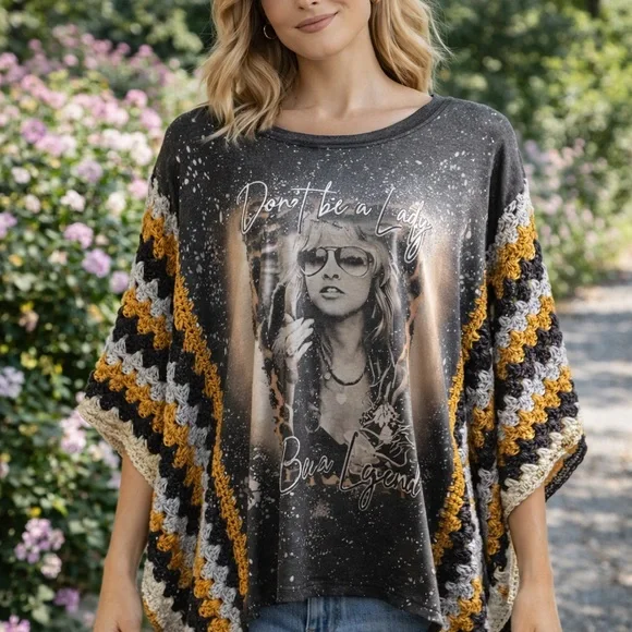 Graphic Crochet-Trim Poncho Tunic - Charcoal & Mustard - Picture 1 of 5